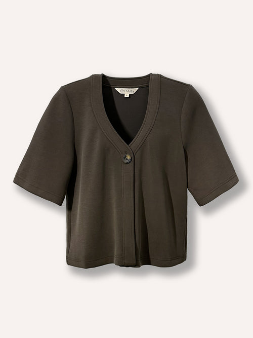 Cardigan brun à manches courte à un bouton, ample en tissu extensible doux, haut confortable et polyvalent facile à agencer, idéal pour un look casual chic au quotidien.