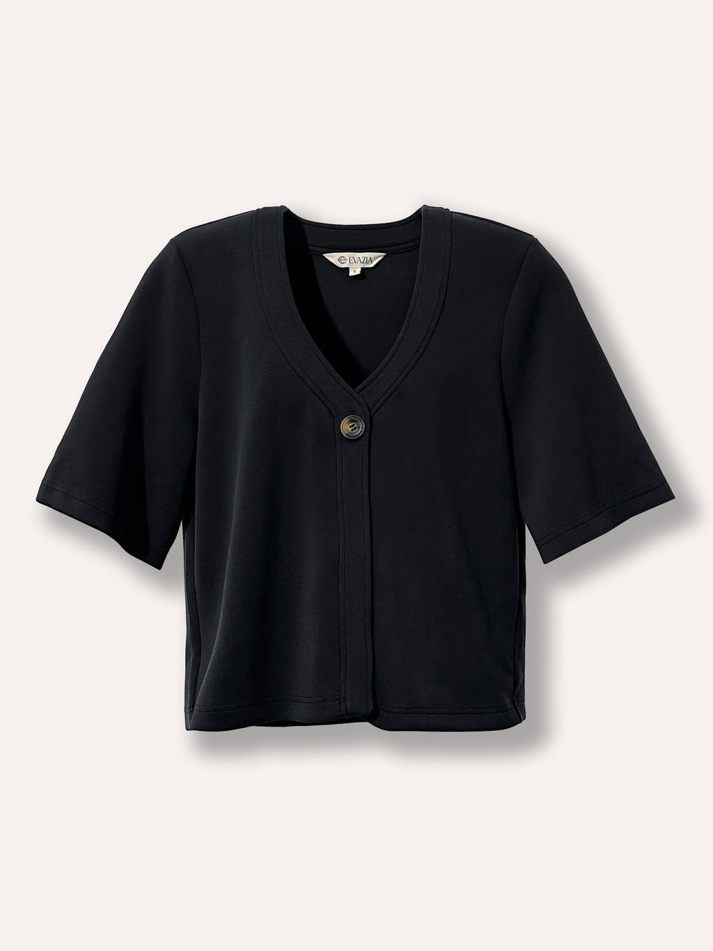 Cardigan noir à manches courte à un bouton, ample en tissu extensible doux, haut confortable et polyvalent facile à agencer, idéal pour un look casual chic au quotidien.