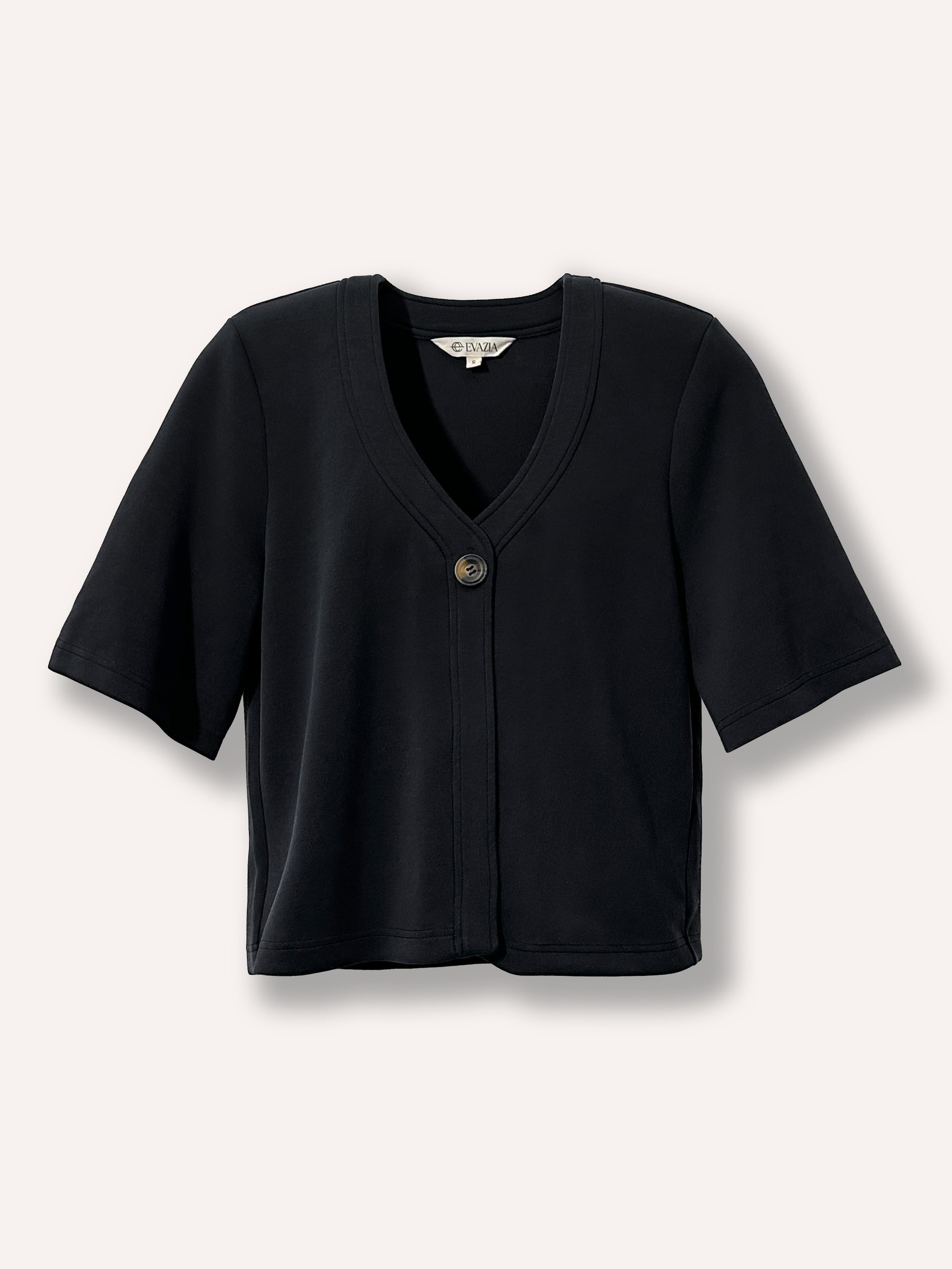 Cardigan noir à manches courte à un bouton, ample en tissu extensible doux, haut confortable et polyvalent facile à agencer, idéal pour un look casual chic au quotidien.