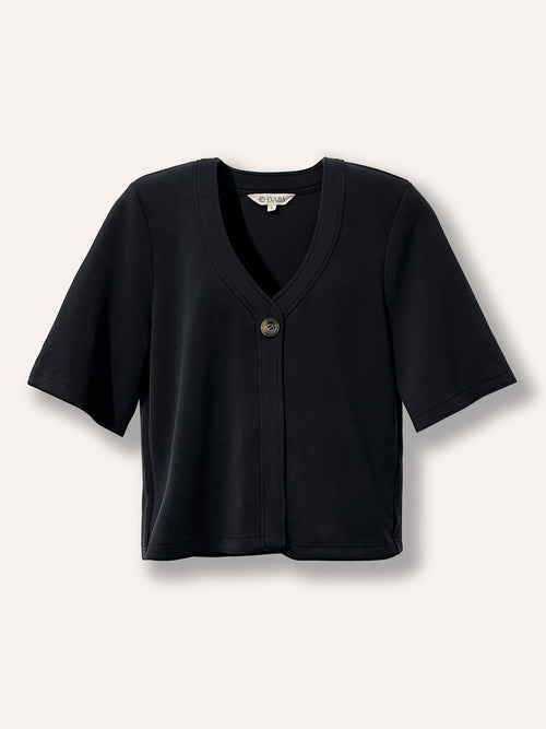 Cardigan noir à manches courte à un bouton, ample en tissu extensible doux, haut confortable et polyvalent facile à agencer, idéal pour un look casual chic au quotidien.