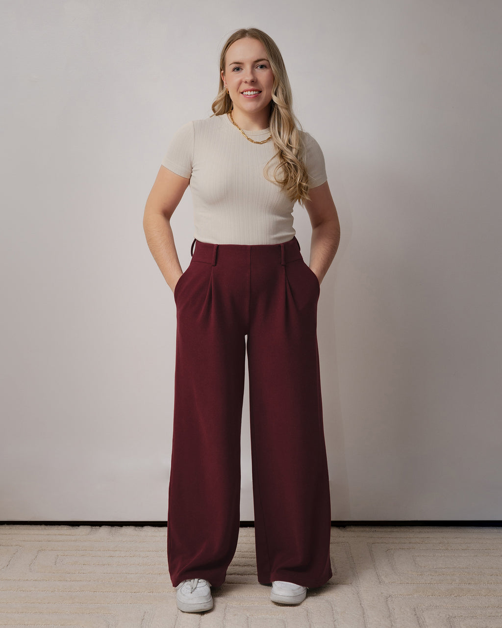 Bourgogne, Ample, Evazia, pantalon ample, Chic, Casual, confortable, confort, vêtement, Beige, doux, taille élastique, fausse poche