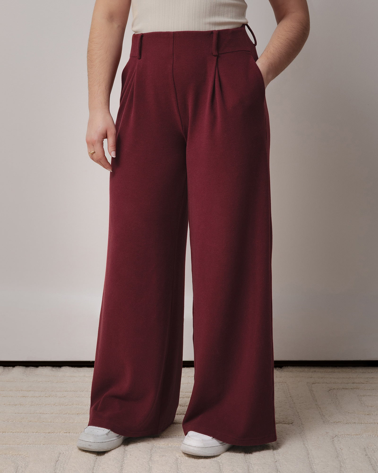 Bourgogne, Ample, Evazia, pantalon ample, Chic, Casual, confortable, confort, vêtement, Beige, doux, taille élastique, fausse poche