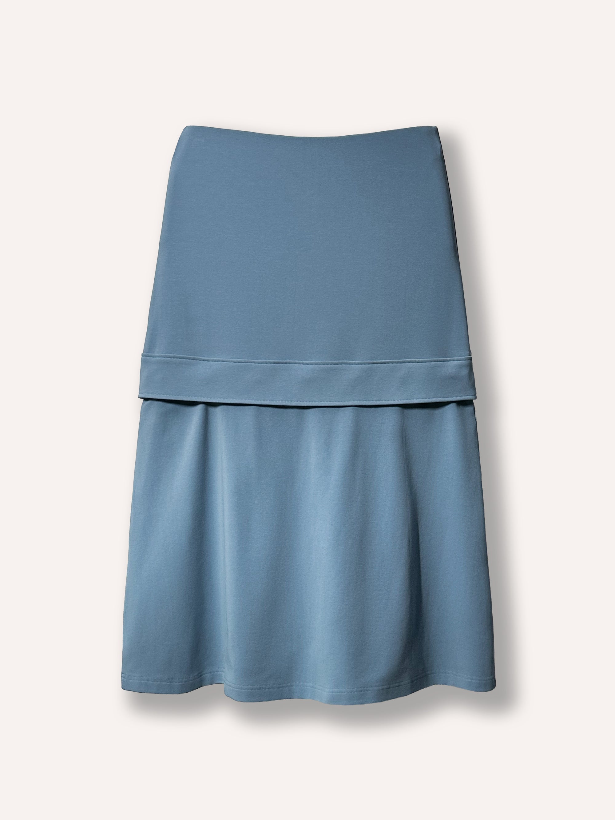 Jupe bleu taille haute, longue et courte, longueur ajustable, coupe simple en A, tissu extensible et confortable. Pratique pour différentes saisons.