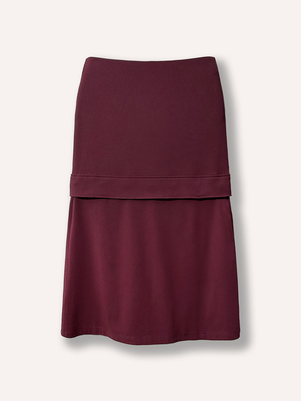 Jupe bourgogne taille haute, longue et courte, longueur ajustable, coupe simple en A, tissu extensible et confortable. Pratique pour différentes saisons.