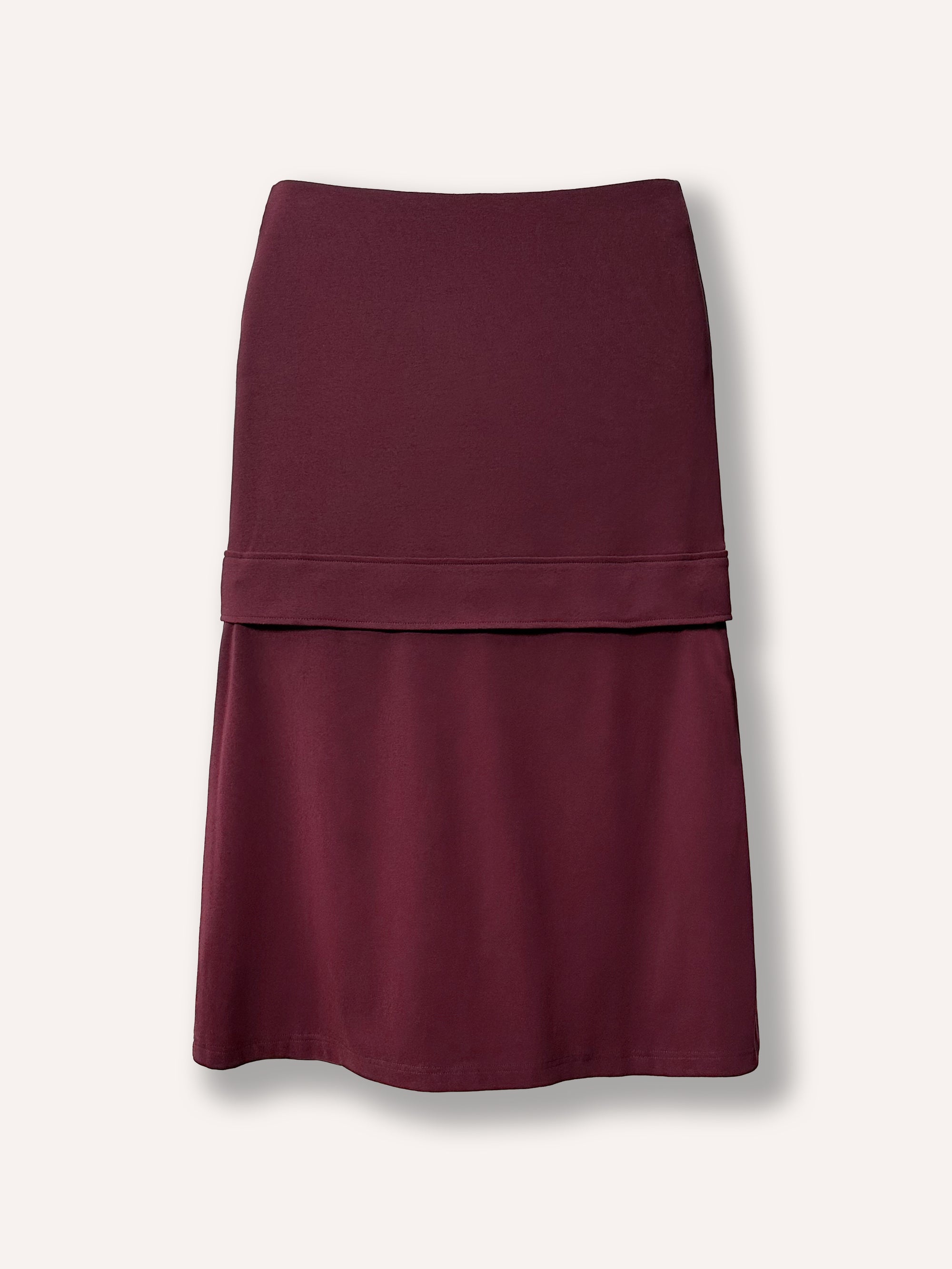 Jupe bourgogne taille haute, longue et courte, longueur ajustable, coupe simple en A, tissu extensible et confortable. Pratique pour différentes saisons.