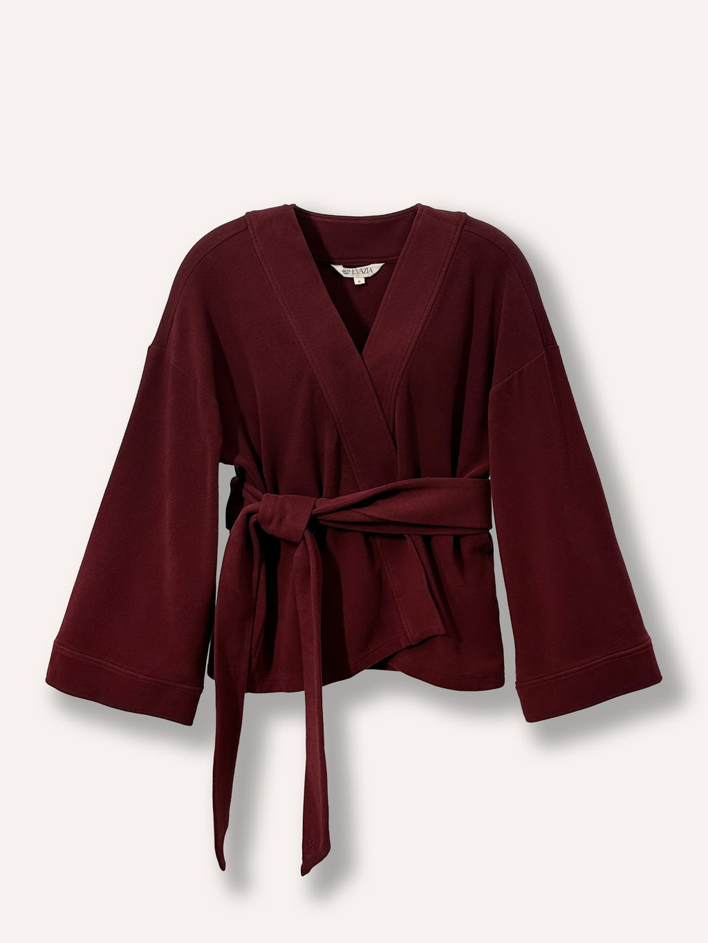 Kimono bourgogne ample pour femme avec manches larges 3/4 et ceinture à la taille. Tissu doux et confortable, parfait pour un look élégant, décontracté et polyvalent, idéal pour femmes recherchant confort et style au quotidien.