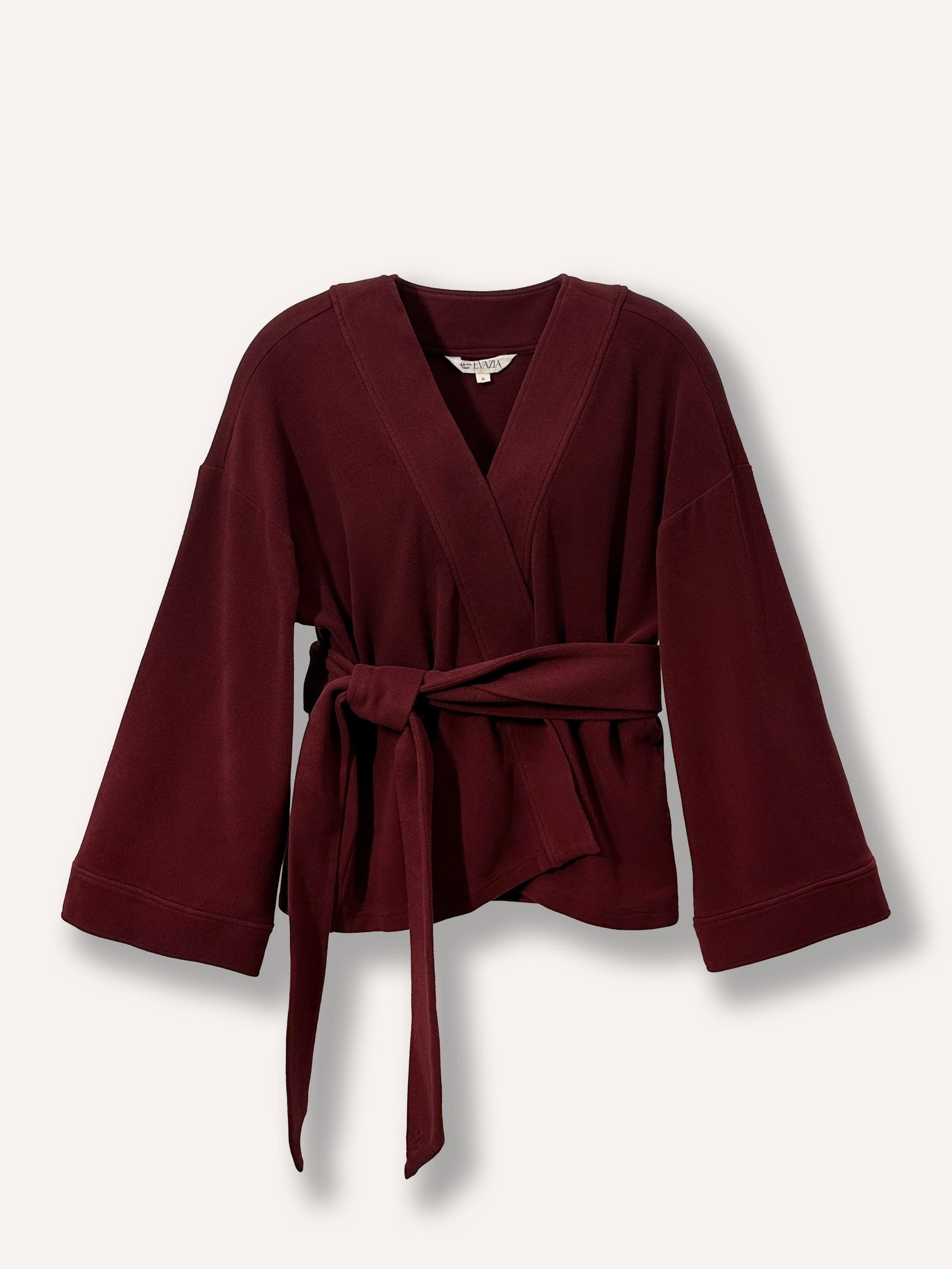 Kimono bourgogne ample pour femme avec manches larges 3/4 et ceinture à la taille. Tissu doux et confortable, parfait pour un look élégant, décontracté et polyvalent, idéal pour femmes recherchant confort et style au quotidien.