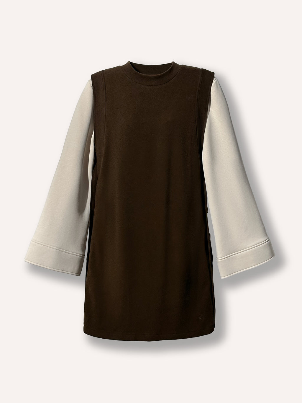 Robe femme beige et brun Evazia à manches longues, coupe minimaliste confortable en tissu doux et extensible, vêtement polyvalent facile à agencer pour un style casual chic au quotidien.