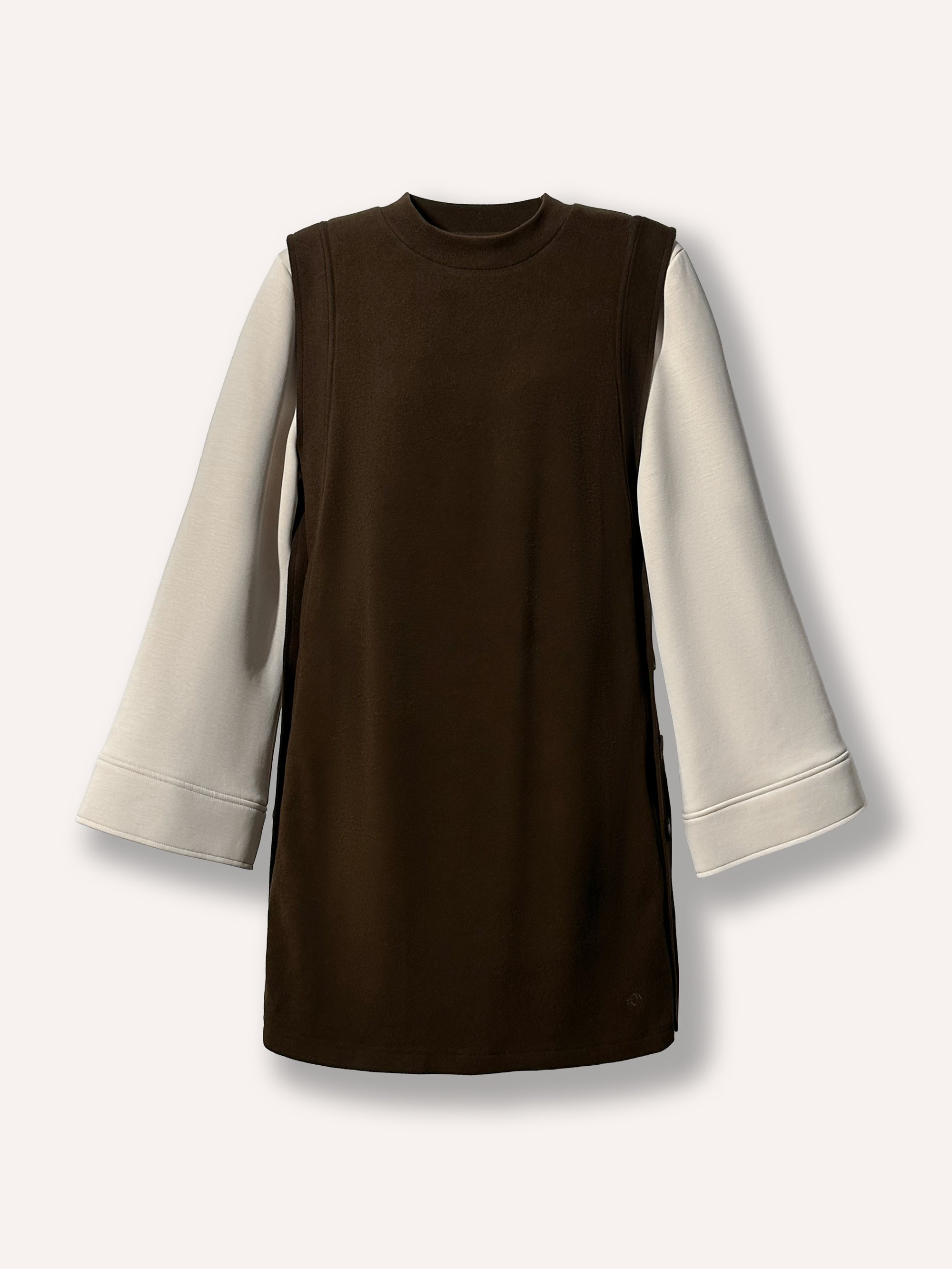 Robe femme beige et brun Evazia à manches longues, coupe minimaliste confortable en tissu doux et extensible, vêtement polyvalent facile à agencer pour un style casual chic au quotidien.