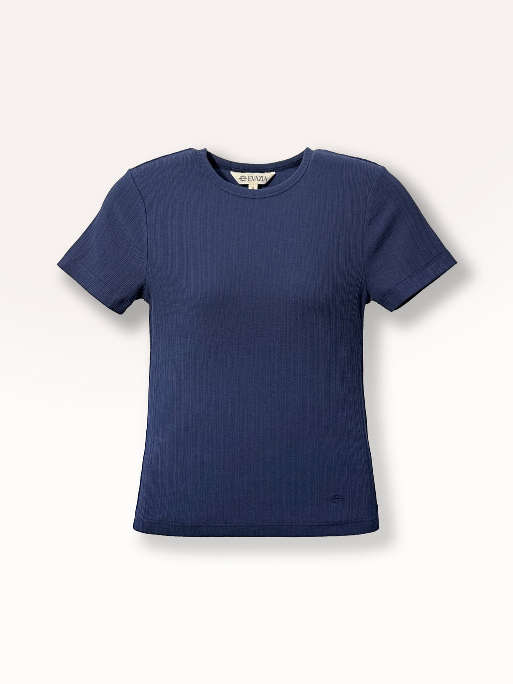 T-shirt femme bleu côtelé Evazia en tissu extensible doux, coupe minimaliste ajustée, haut confortable et polyvalent facile à agencer, idéal pour un look casual chic au quotidien.