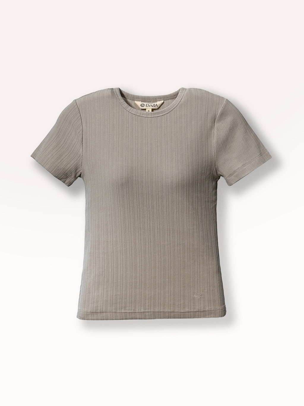 T-shirt femme gris côtelé Evazia en tissu extensible doux, coupe minimaliste ajustée, haut confortable et polyvalent facile à agencer, idéal pour un look casual chic au quotidien.
