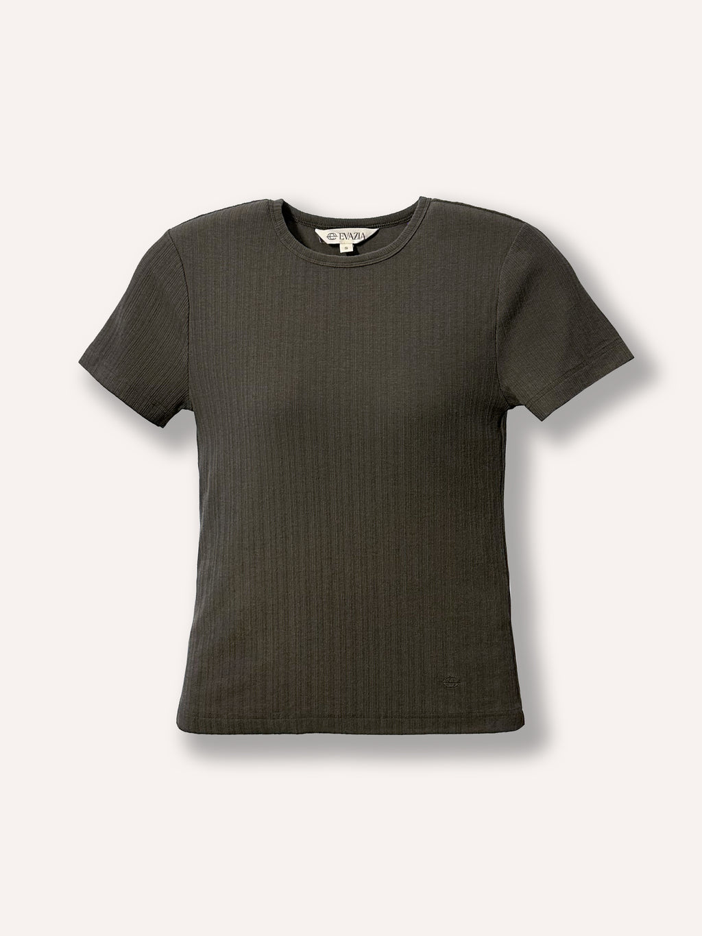 T-shirt femme kaki côtelé Evazia en tissu extensible doux, coupe minimaliste ajustée, haut confortable et polyvalent facile à agencer, idéal pour un look casual chic au quotidien.